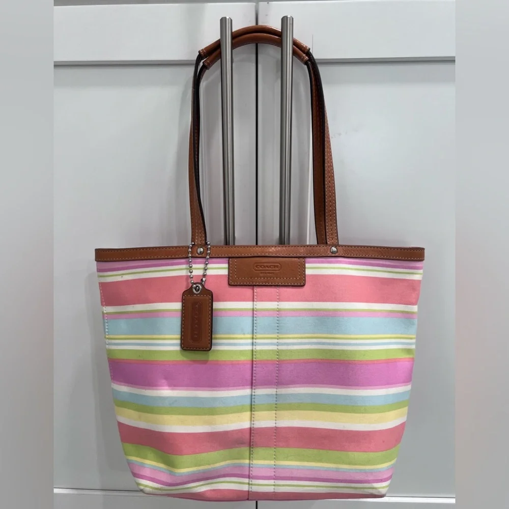 Coach Hampton Canvas Vintage Tote Bag Pastel Striped Leather Trim Y2K - Picture 1 of 5